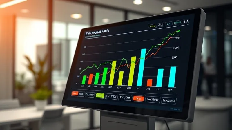 A photorealistic, professional photography, 8K, cinematic lighting, sharp focus, depth of field, shot on a high-end DSLR image of a complex bar chart showing year-over-year growth of ESG-focused funds versus traditional funds, with clear labels and a positive upward trend for ESG. The chart is displayed on a sleek, modern financial terminal screen in an office setting.