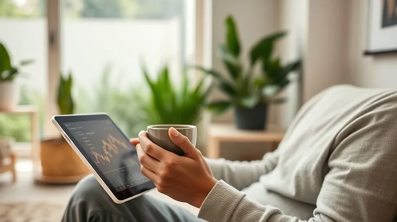 A photorealistic, professional photography, 8K, cinematic lighting, sharp focus, depth of field, shot on a high-end DSLR image of a person in a minimalist, eco-friendly living room, simultaneously holding a reusable coffee cup and looking at investment charts on a tablet. The background softly blurs between a sustainable garden and a digital stock market interface, symbolizing the seamless integration of ethical choices and financial planning.