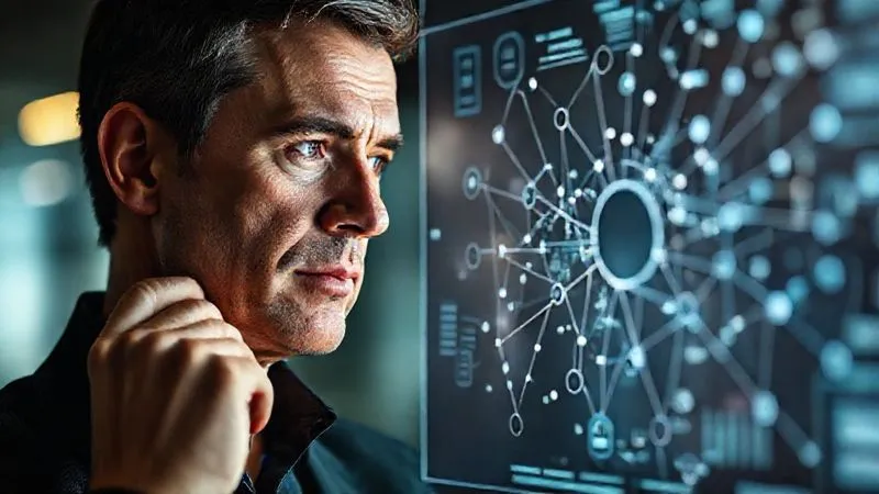 A photorealistic image depicting a modern investor or fund manager looking at a holographic display showing complex data visualizations. One side of the display shows traditional financial metrics like stock charts, while the other side shows interconnected nodes representing social impact, community well-being, and human rights. The investor has a thoughtful, determined expression. Cinematic lighting, sharp focus on the investor's face, depth of field blurring the background. 8K hyper-detailed.