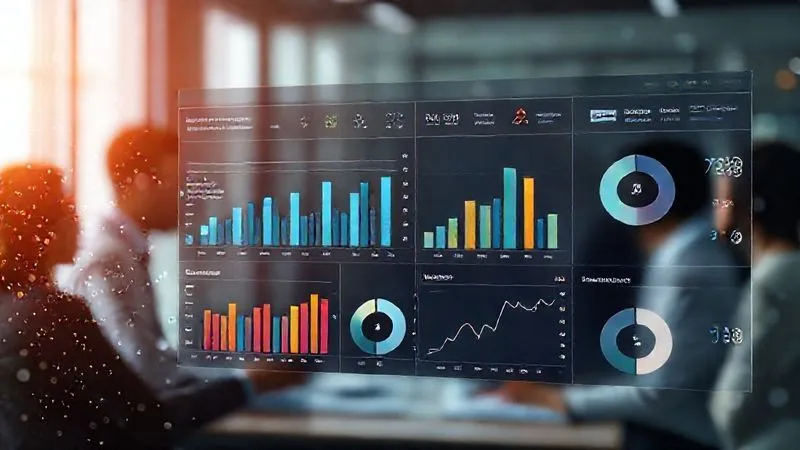 A photorealistic infographic showing a progression from raw data points (small, scattered numbers) to clear, actionable human rights metrics displayed on a modern dashboard. The dashboard features bar charts, pie charts, and trend lines, all in a clean, professional aesthetic. Cinematic lighting highlights the clarity of the data, sharp focus on the dashboard, depth of field blurring a background of diverse professionals collaborating. 8K hyper-detailed.