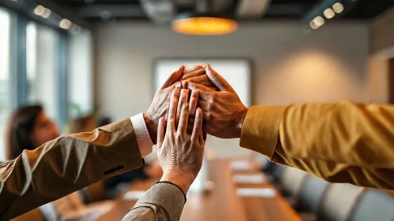 A photorealistic close-up of diverse hands, some in business attire, some representing community members, clasped together in a gesture of collaboration and agreement, against a softly blurred backdrop of a corporate meeting room. The lighting is warm and inviting, symbolizing shared purpose and empathy. Sharp focus on the hands, depth of field blurring the background. 8K hyper-detailed, professional photography.