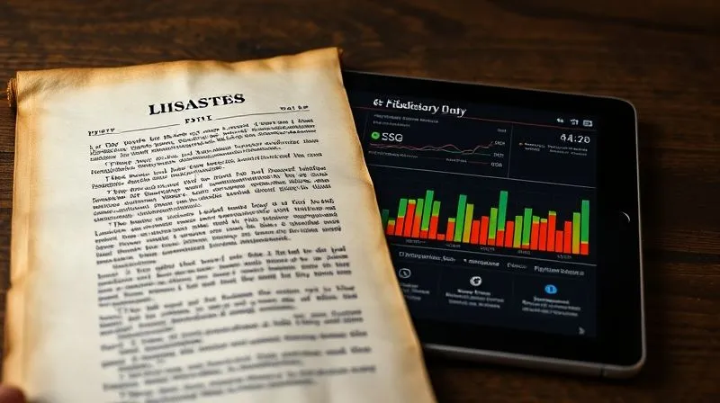 A photorealistic image of a vintage scroll with legal text on one side, juxtaposed with a modern digital tablet displaying ESG data and financial graphs on the other, symbolizing the evolution of fiduciary duty. Professional photography, 8K, cinematic lighting, sharp focus, depth of field, shot on a high-end DSLR.
