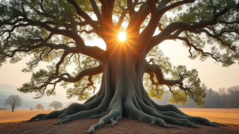 A photorealistic image of a majestic oak tree with deep roots, its branches reaching towards a clear sky, symbolizing long-term growth and resilience in finance. The background shows a subtle blend of financial charts and natural landscapes. Professional photography, 8K, cinematic lighting, sharp focus on the tree, depth of field, shot on a high-end DSLR.