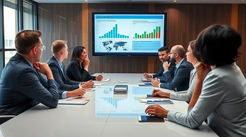 A photorealistic image of a diverse group of executives in a modern boardroom, intently discussing a presentation on a large screen displaying charts related to sustainability and financial performance, symbolizing active engagement and strategic decision-making. Professional photography, 8K, cinematic lighting, sharp focus on the group, depth of field, shot on a high-end DSLR.