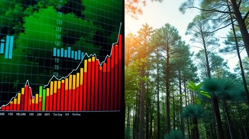 A photorealistic image of a split screen: one side shows a vibrant, growing financial bar chart and stock tickers, the other side shows a healthy, thriving forest with clean air and diverse wildlife, symbolizing the successful measurement of both financial and environmental impact. Professional photography, 8K, cinematic lighting, sharp focus, depth of field, shot on a high-end DSLR.