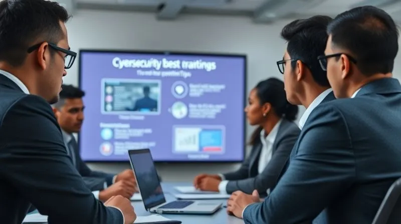 A photorealistic image of a diverse group of business professionals engaged in an interactive training session, looking at a screen displaying cybersecurity best practices and financial fraud prevention tips. The atmosphere is serious but collaborative. Cinematic lighting, sharp focus on the group, depth of field blurring the background. 8K hyper-detailed, professional photography, shot on a high-end DSLR.