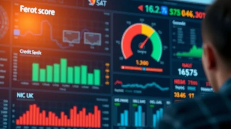 A photorealistic, professional photography, 8K image of a complex financial dashboard displaying various credit metrics and a prominent FICO score, with a red downward arrow indicating a drop. Cinematic lighting, sharp focus on the dashboard, depth of field blurring a background of a worried individual, shot on a high-end DSLR.