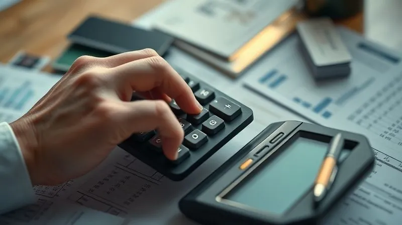 A photorealistic, professional photography, 8K image of a hand using a calculator to divide a large number by a smaller one, with credit cards and financial documents scattered around. Cinematic lighting, sharp focus on the calculator and hands, depth of field blurring the background, shot on a high-end DSLR.