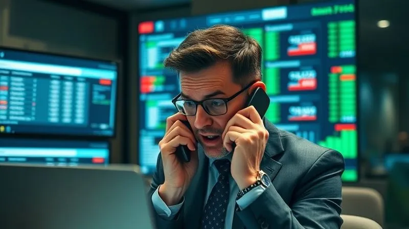 A photorealistic, professional photography shot of a corporate executive frantically on the phone, looking at multiple screens displaying bank statements and transaction logs, with a sense of urgency and distress. Cinematic lighting, sharp focus on the executive's face, depth of field blurring the office background, 8K hyper-detailed, shot on a high-end DSLR.