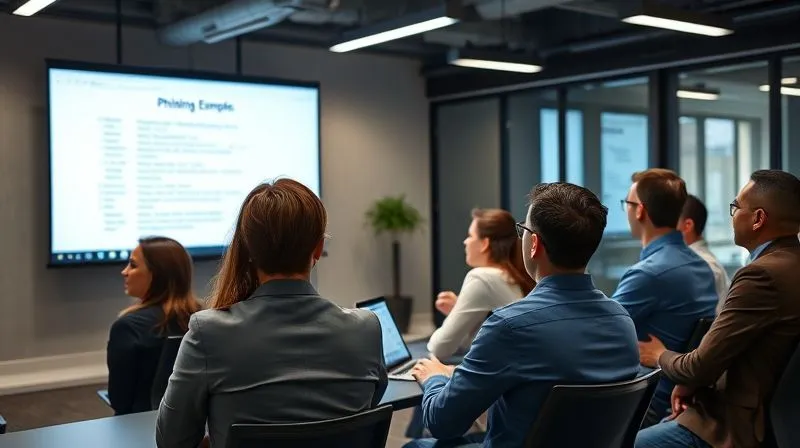 A photorealistic, professional photography shot of a diverse team of corporate employees engaged in a cybersecurity training session, looking attentive and interacting with a presenter at a large screen displaying phishing examples. The atmosphere is professional and educational, with modern office aesthetics. Cinematic lighting, sharp focus on the team, depth of field blurring the background, 8K hyper-detailed, shot on a high-end DSLR.