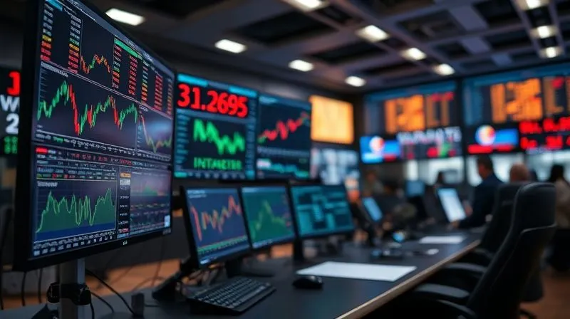 A photorealistic shot of a sophisticated financial trading desk, with multiple screens displaying complex options chains and futures charts. A blurred background suggests a busy trading floor. Cinematic lighting, sharp focus on the data, 8K hyper-detailed.