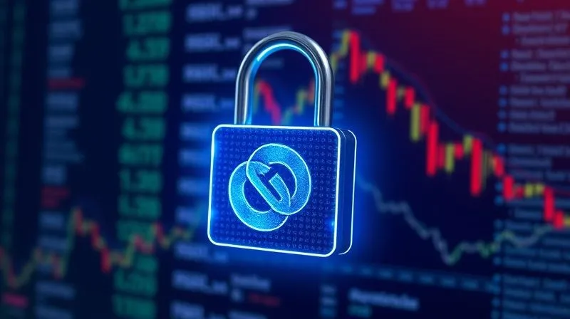 A photorealistic image of a digital padlock securing two intertwined blockchain symbols, with a protective glow around them, set against a backdrop of complex financial data. Cinematic lighting, sharp focus on the padlock, depth of field blurring the background. 8K hyper-detailed.