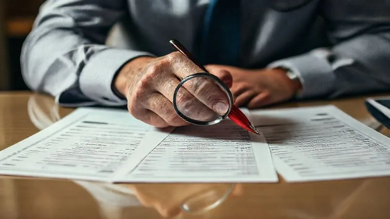 photorealistic, professional photography, 8K, cinematic lighting, sharp focus, depth of field, shot on a high-end DSLR, a person meticulously examining three distinct credit reports laid out on a polished desk, magnifying glass in hand, highlighting discrepancies with a red pen, urgent and focused atmosphere.