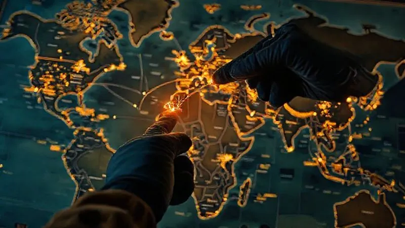 photorealistic, professional photography, 8K, cinematic lighting, sharp focus, depth of field, shot on a high-end DSLR, a detailed, vintage-style world map with illuminated lines connecting various cities, some connections glowing brighter than others, representing "sweet spots" in award travel, a gloved hand pointing a compass to a particularly bright connection, conveying discovery and strategic planning for travel, a sense of adventure and hidden value.