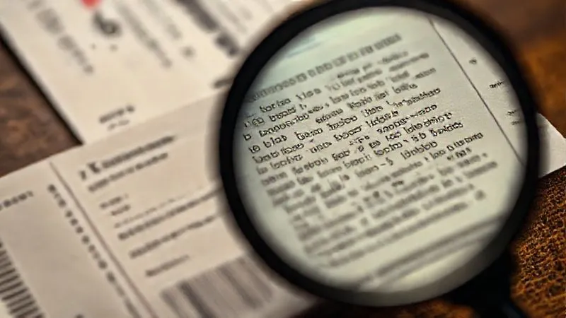 photorealistic, professional photography, 8K, cinematic lighting, sharp focus, depth of field, shot on a high-end DSLR, a close-up of a plane ticket with the small print section highlighted by a magnifying glass, revealing complex and numerous lines of text indicating taxes and fees, a somber color palette with a hint of red to signify hidden costs, conveying the challenge of hidden charges in travel planning.