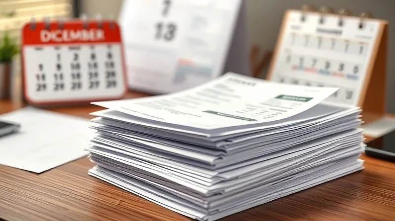 Photorealistic, professional photography, 8K, cinematic lighting, sharp focus on a stack of neatly organized business receipts and invoices on a desk, with a calendar showing December in the background, conveying diligent year-end expense tracking and acceleration.