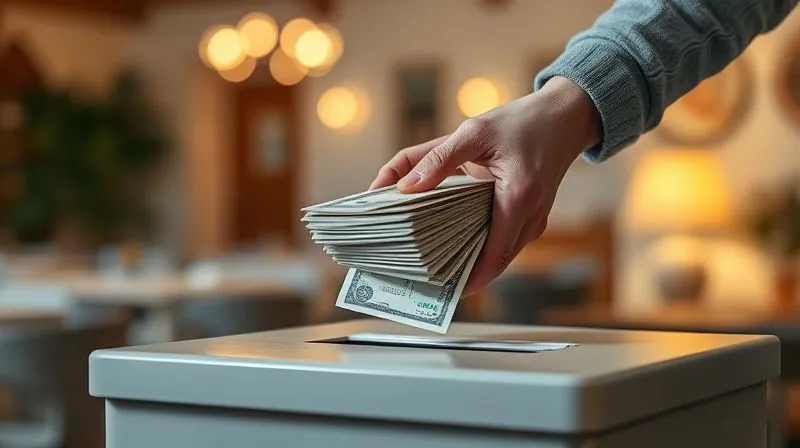 Photorealistic, professional photography, 8K, cinematic lighting, sharp focus on a pair of hands gently placing a stack of neatly folded bills into a charitable donation box, with a blurred background of a warm, inviting community center, conveying generosity and thoughtful financial planning.