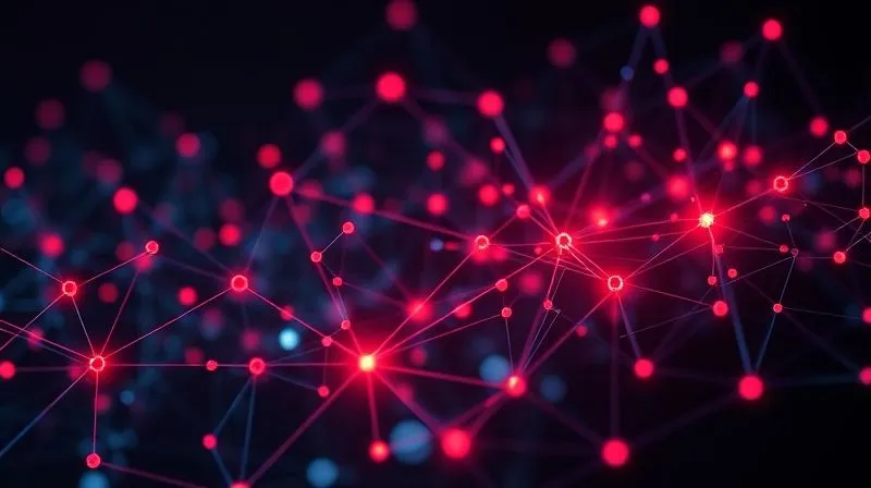 A photorealistic 3D rendering of a complex digital network of interconnected nodes and lines, representing the P2P lending ecosystem, with some nodes glowing red to signify risk and default hotspots. The image should convey a sense of intricate data flow and potential vulnerabilities, cinematic lighting, sharp focus on the red nodes, depth of field blurring the background, 8K hyper-detailed.