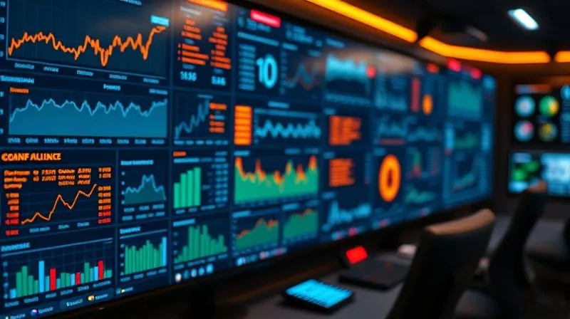 A photorealistic image of a sophisticated digital dashboard displaying various financial metrics and graphs, with some indicators highlighted in amber or red, signaling potential risks. The dashboard is clean and modern, with data points flowing in real-time. Professional photography, 8K, cinematic lighting, sharp focus on the warning indicators, depth of field blurring other screens in a control room, shot on a high-end DSLR.