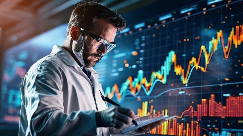 Photorealistic, professional photography, 8K, cinematic lighting, sharp focus, depth of field, shot on a high-end DSLR. A data scientist meticulously cleaning and transforming raw financial data on a large, glowing analytical dashboard, with complex algorithms visualized as intricate, glowing lines connecting various data points. The focus is on the precision and detail of data preparation.