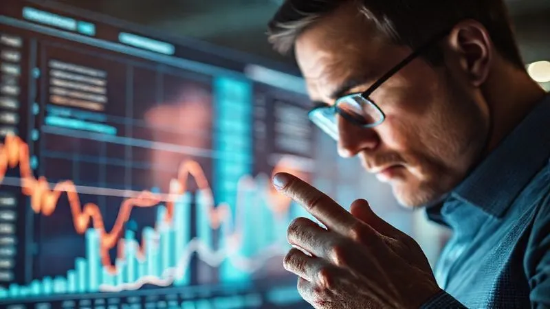 Photorealistic, professional photography, 8K, cinematic lighting, sharp focus, depth of field, shot on a high-end DSLR. A financial analyst intently examining a translucent, interactive XAI dashboard, where glowing lines and graphs explain the decision-making process of an AI fraud detection model. The background shows blurred financial charts and data, with a sense of clarity emerging from complexity.