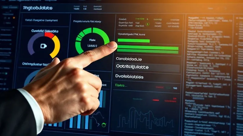 Photorealistic, professional photography, 8K, cinematic lighting, sharp focus, depth of field, shot on a high-end DSLR. A complex digital dashboard displaying various risk metrics: 'Regulatory Risk Score', 'Data Breach Likelihood', 'Operational Impact Severity', with green, amber, and red indicators. A human hand, in a professional suit, points to a green 'Mitigated Risks' section, conveying control and proactive management. The background features subtle, blurred lines of code and regulatory documents.