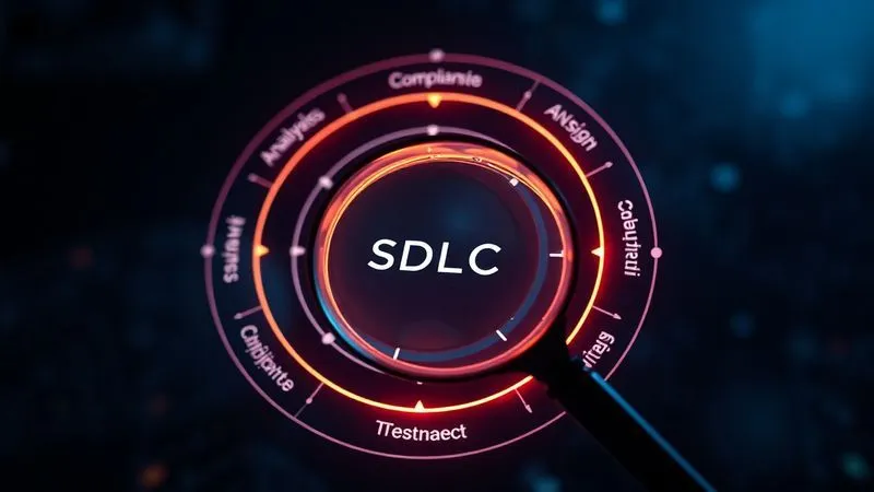 Photorealistic, professional photography, 8K, cinematic lighting, sharp focus, depth of field, shot on a high-end DSLR. A circular diagram representing the Software Development Lifecycle (SDLC): Planning, Analysis, Design, Implementation, Testing, Deployment, Maintenance. Each segment of the circle is clearly labeled, and a glowing, interconnected overlay of 'Compliance Checks' and 'Security Gates' is visible across all stages, emphasizing integration. A magnifying glass hovers over the 'Testing' phase, highlighting rigorous checks. The overall composition is clean, technical, and visually illustrates seamless integration.