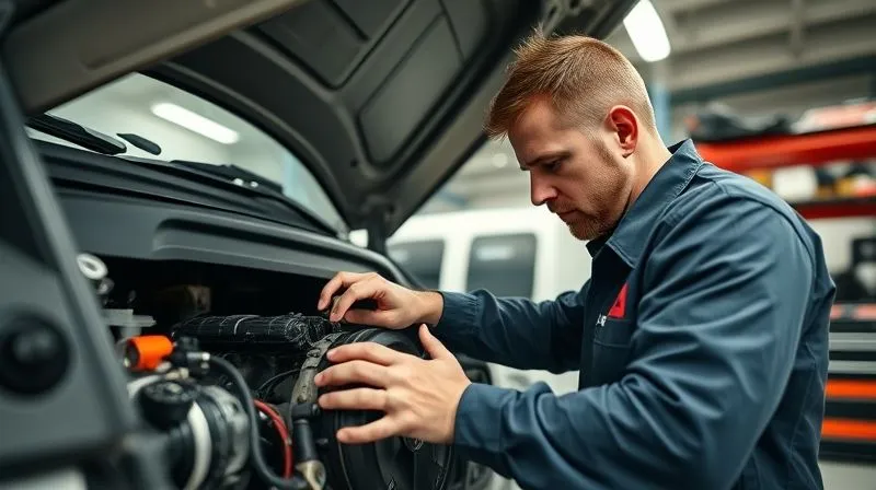 A photorealistic image showing a mechanic meticulously inspecting the engine of a modern commercial delivery van in a clean garage. Tools are neatly organized, and the lighting is bright and professional. Sharp focus on the mechanic's hands and the engine, depth of field blurring the background, 8K hyper-detailed, shot on a high-end DSLR.