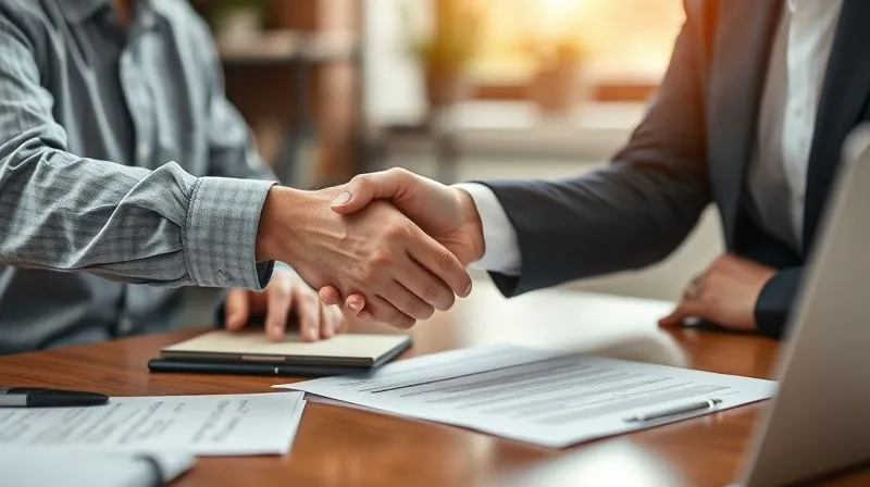 A photorealistic image of a small business owner shaking hands with a professional insurance broker across a desk, with policy documents open. The atmosphere is collaborative and professional, with natural light. Sharp focus on the handshake and documents, depth of field, 8K hyper-detailed, shot on a high-end DSLR.