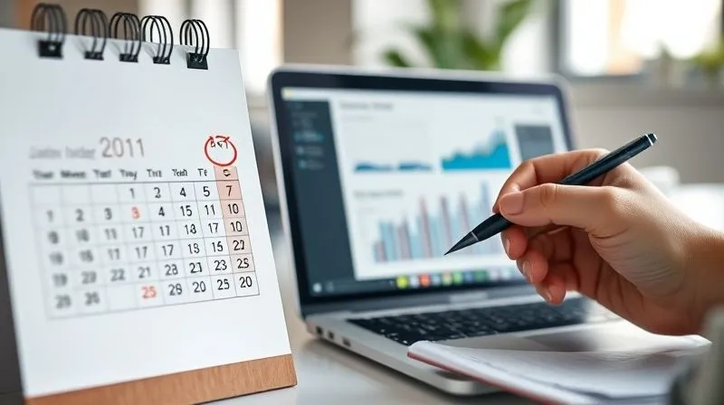 A photorealistic image of a calendar with the date circled, alongside a laptop displaying charts and graphs related to fleet performance and insurance costs. A hand holds a pen, ready to make notes. The setting is a modern, clean office. Cinematic lighting, sharp focus on the calendar and laptop, depth of field, 8K hyper-detailed, shot on a high-end DSLR.