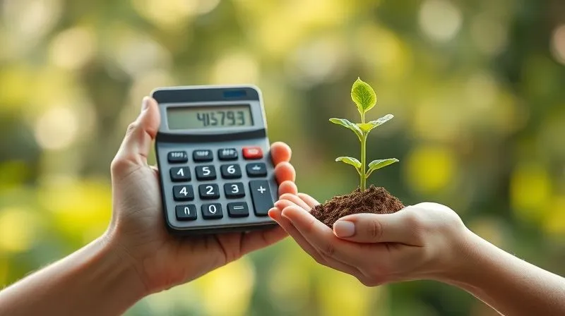 A photorealistic, professional photography, 8K, cinematic lighting, sharp focus, depth of field, shot on a high-end DSLR, of two hands, one holding a calculator with a decreasing number and the other holding a small plant growing, symbolizing financial savings and health growth.