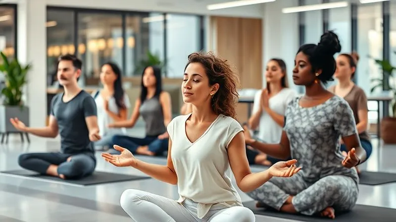 A photorealistic, professional photography, 8K, cinematic lighting, sharp focus, depth of field, shot on a high-end DSLR, of a group of diverse employees participating in a mindfulness exercise in a bright, modern office space, symbolizing mental and physical well-being at work.