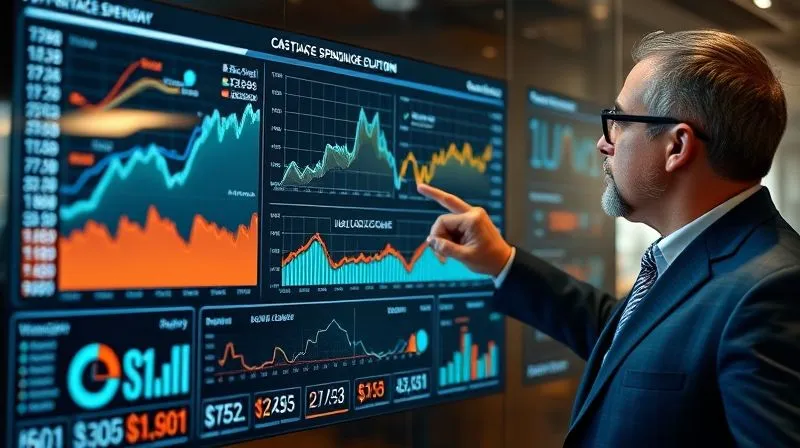 A photorealistic, professional photography, 8K, cinematic lighting, sharp focus, depth of field, shot on a high-end DSLR, of a financial analyst pointing at a complex data visualization on a transparent screen, showing trends in healthcare spending, with an overlay of strategic cost-saving solutions.