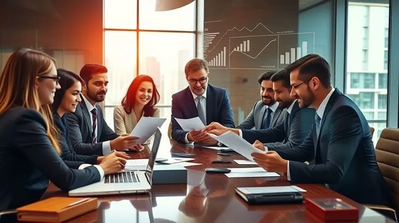 A photorealistic, professional photography, 8K, cinematic lighting, sharp focus, depth of field, shot on a high-end DSLR, of a diverse group of business professionals in a modern boardroom, intensely reviewing financial documents and negotiating terms, with a digital overlay showing positive financial projections.