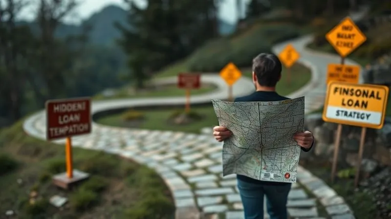 A photorealistic image depicting a person carefully navigating a winding path with financial obstacles like 'hidden fees' and 'new debt temptation' signs. The person is holding a map labeled 'Personal Loan Strategy'. Cinematic lighting, sharp focus on the person and obstacles, depth of field blurring the background, 8K hyper-detailed.