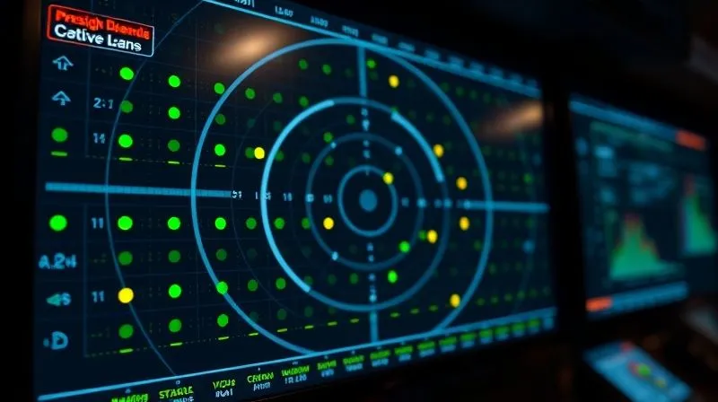A photorealistic image of a digital radar screen displaying multiple colored dots representing active loans. Green dots are stable, yellow dots are showing minor deviations, and a few red dots are flashing with 'high risk' alerts, indicating potential defaults. The radar is in a dark, high-tech control room, with a subtle glow from the screen. Cinematic lighting, sharp focus on the radar, depth of field blurring the background. Shot on a high-end DSLR, 8K hyper-detailed.