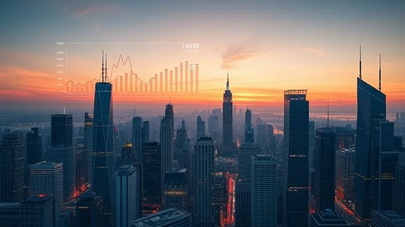 A photorealistic image of a futuristic city skyline at dawn, with digital financial data streams flowing seamlessly between buildings, symbolizing a connected and intelligent financial ecosystem. A prominent holographic overlay shows graphs with decreasing default rates and increasing loan approvals. Cinematic lighting, sharp focus on the cityscape and data, depth of field blurring the distant horizon. Shot on a high-end DSLR, 8K hyper-detailed.
