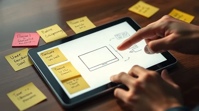 photorealistic, professional photography, 8K, cinematic lighting, sharp focus, depth of field, shot on a high-end DSLR, a sleek, minimalist product design sketch on a digital tablet, surrounded by sticky notes with user feedback and data points, symbolizing the iterative development of a Minimum Viable Product (MVP). A hand is pointing to a key feature, emphasizing focused innovation.