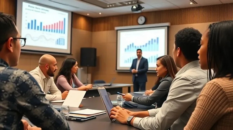 photorealistic, professional photography, 8K, cinematic lighting, sharp focus, depth of field, shot on a high-end DSLR, a diverse group of university students attentively participating in a financial literacy workshop, with a bank representative at the front, projector screen showing graphs, conveying proactive education and engagement.