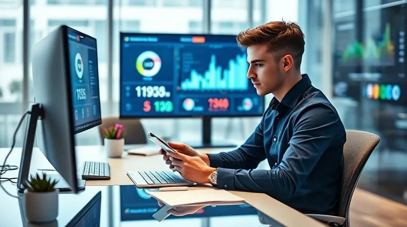 photorealistic, professional photography, 8K, cinematic lighting, sharp focus, depth of field, shot on a high-end DSLR, a young professional sitting at a modern desk, looking engaged with a banking app on a tablet, surrounded by sleek digital interfaces and data visualizations on a monitor, conveying seamless digital financial management.
