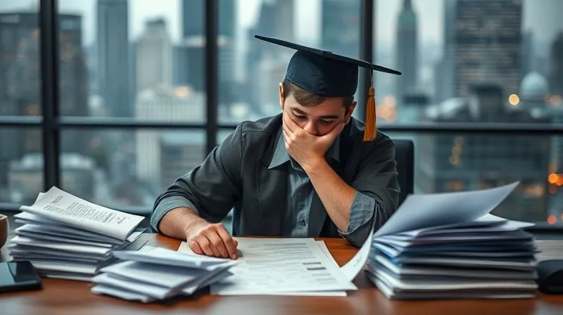 A photorealistic image of a young university graduate looking overwhelmed and stressed, sitting alone at a desk filled with complex financial documents and bills, with a blurred background showing a vibrant city, emphasizing the individual's isolation amidst opportunity. Professional photography, 8K, cinematic lighting, sharp focus, depth of field, shot on a high-end DSLR.