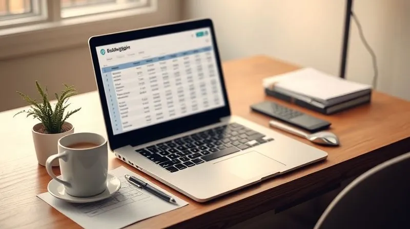 A photorealistic image of a neatly organized desk with a laptop displaying a budgeting spreadsheet, a coffee cup, and a small plant, bathed in warm, natural light. The overall impression is one of calm, control, and thoughtful financial planning. Professional photography, 8K, cinematic lighting, sharp focus, depth of field, shot on a high-end DSLR.