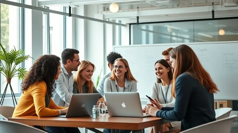 A photorealistic image of a diverse group of young professionals actively collaborating and networking in a modern, brightly lit co-working space, with laptops and whiteboards. The atmosphere is dynamic and forward-looking, emphasizing professional growth. Professional photography, 8K, cinematic lighting, sharp focus, depth of field, shot on a high-end DSLR.
