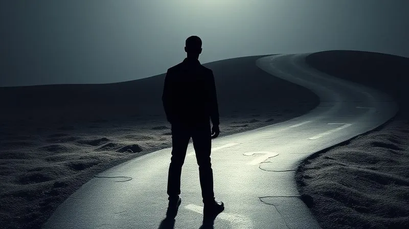 A photorealistic image depicting a shadowy figure of a person standing at a crossroads, with one path brightly lit and leading to financial stability, and the other dark and winding, symbolizing the negative consequences of loan default. The figure is facing the bright path but looking back at the dark one, conveying a moment of decision. Professional photography, 8K, cinematic lighting, sharp focus, depth of field, shot on a high-end DSLR.
