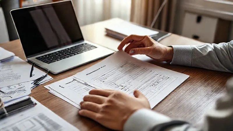 photorealistic, professional photography, 8K, cinematic lighting, sharp focus, depth of field, shot on a high-end DSLR, a meticulously organized desk with financial documents, a laptop displaying a loan application form, and a pair of professional hands carefully reviewing paperwork. The atmosphere is serious and focused, with soft, directional lighting highlighting the documents.