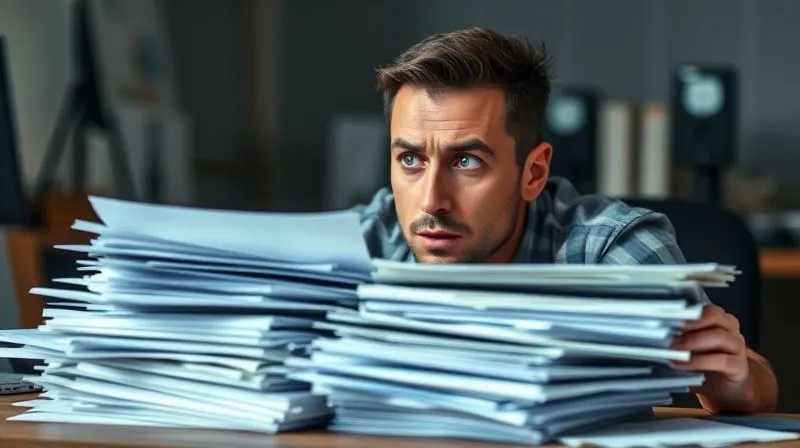 A photorealistic image of a business owner looking overwhelmed by a stack of different loan documents and invoices spread across a desk, with a worried expression, soft, dim office lighting, sharp focus on the documents, depth of field blurring the background, 8K, cinematic lighting, shot on a high-end DSLR.