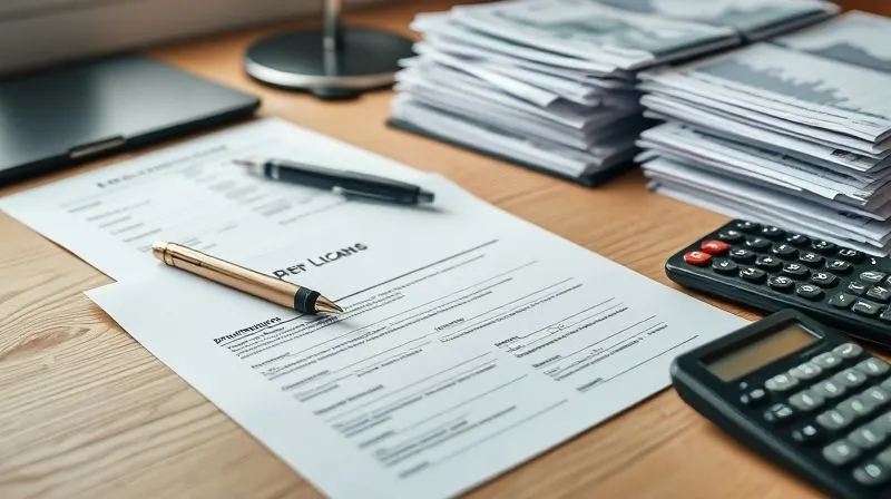 A photorealistic close-up of a neatly organized desk with a professional business loan application form, a pen, a calculator, and stacks of financial documents (spreadsheets, bank statements) in crisp folders, bathed in soft, inviting light. 8K, cinematic lighting, sharp focus on the application, depth of field blurring the background, shot on a high-end DSLR, conveying diligence and preparation.