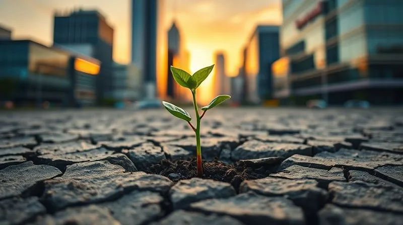 A photorealistic image of a vibrant, growing plant breaking through dry, cracked earth, symbolizing new growth and financial freedom after overcoming debt. The plant is in sharp focus, with a blurred background of a thriving business district at sunset. 8K, cinematic lighting, depth of field, shot on a high-end DSLR, conveying hope and successful recovery.