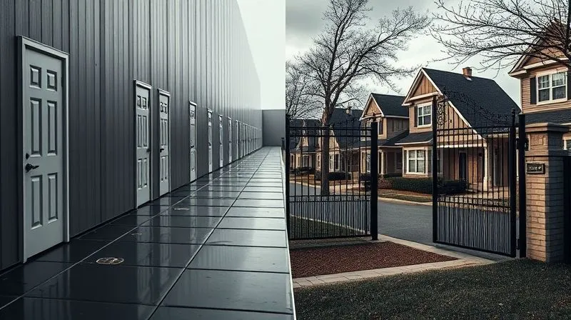 A photorealistic split image showing two distinct paths: one with multiple individual keys leading to separate doors (individual refinance), and another with a single master key opening a grand gate to a row of houses (blanket mortgage). Cinematic lighting highlights the contrast, sharp focus on the keys and gates, depth of field blurs the background. 8K hyper-detailed, professional photography, shot on a high-end DSLR.