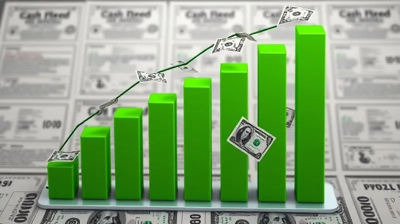 A photorealistic 3D bar chart illustrating 'before' and 'after' cash flow per property, with green bars significantly taller in the 'after' section. A stream of dollar bills flows smoothly from the 'after' bars. Cinematic lighting emphasizes the flow and growth, sharp focus on the chart and flowing money, depth of field blurring a background of property deeds. 8K hyper-detailed, professional photography, shot on a high-end DSLR.